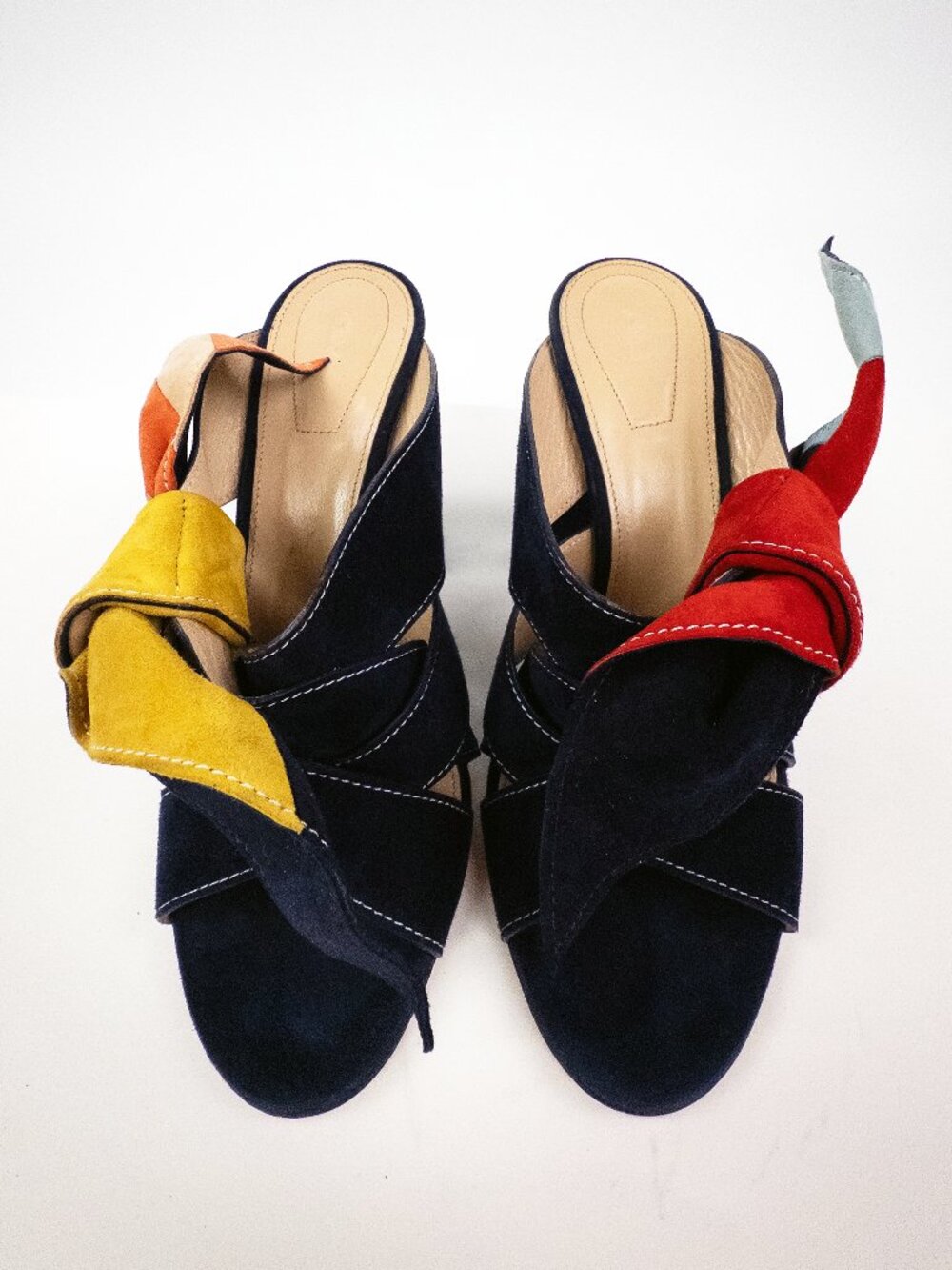 Chloé Nellie Navy Suede Bow Mules Colorblock Heeled Sandals Sz 8 - Picture 3 of 9